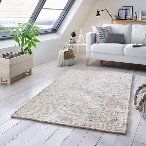 Wollteppich Natur | Reine Schur-Wolle Handweb Teppich im Skandinavischen Design | Blau Meliert